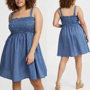 Torrid Smocked Tube Mini Dress Blue Stripe Sz 1 NWT